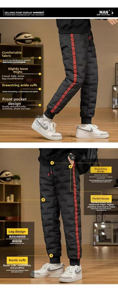Men's Outdoor Casual down Trousers Windproof Waterproof Winter Warm Cotton Pants Dstring Waist Long Polyester Fiber