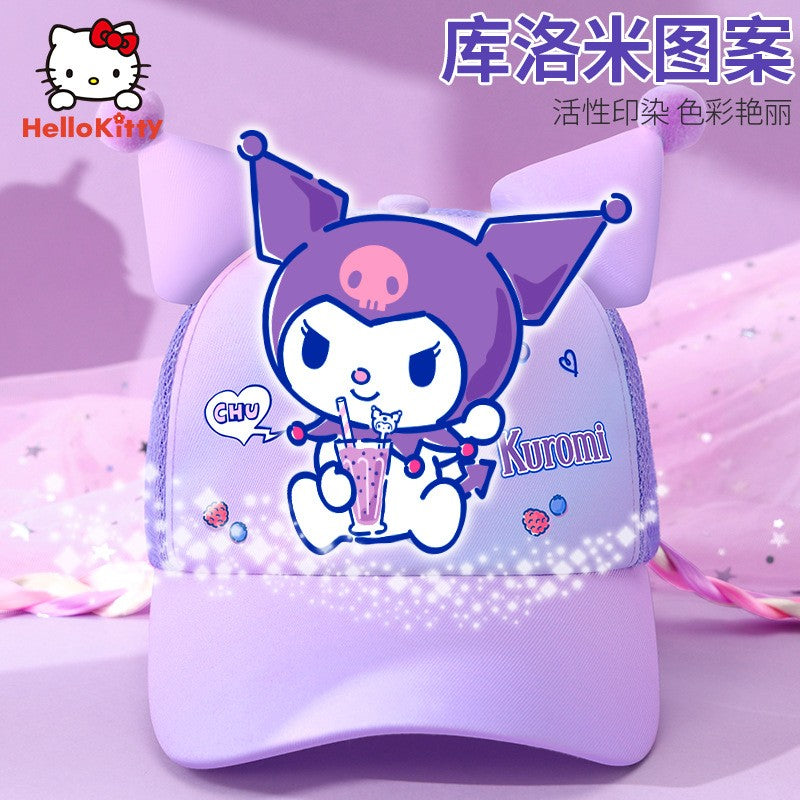 Sanrio Kuromi Baseball Cap Summer Sun Hats for Girl  Breathable Visor Hat  Kawaii Wig Braid Cute Kids Children Aged 5-10 Sunhat