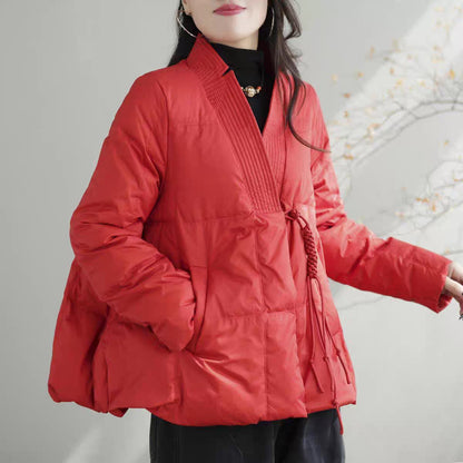 Vefadisa 2024 Autumn Winter New Red Women Parkas Coat V-neck Long Sleeve Short Parkas Casual Warm All-match Parkas Coat ZXY1194A