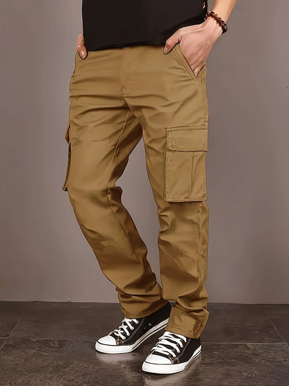 Calça masculina reta de brim com cordão na cintura e bolsos para trabalho casual