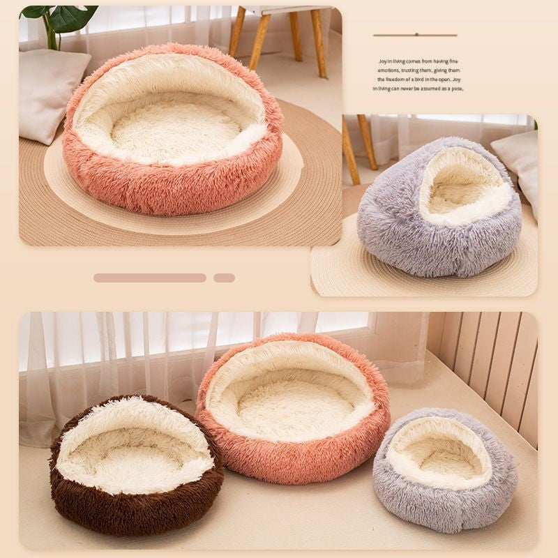 Cama para Pets 2 em 1 de Pelúcia Macia 50CM com Cobertura Redonda Cama para Gatos Colchão para Filhotes Quente Ninho Caverna para Cães Pequenos Tapetes
