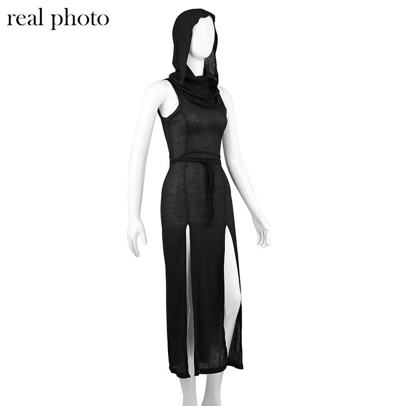 Goth Dark Cyber Gothic Desert Walker Hooded Dresses Y2k Punk Grunge Hollow Out M