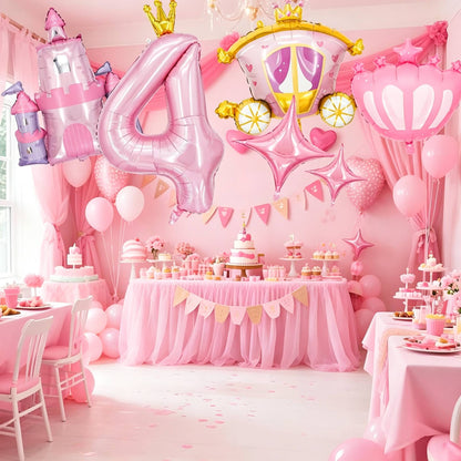 6-Piece Princess Theme Party Decoration Set: Princess Carriage + Pink Castle + 40-inch Numbers + Crown Heart + Star Foil Balloon