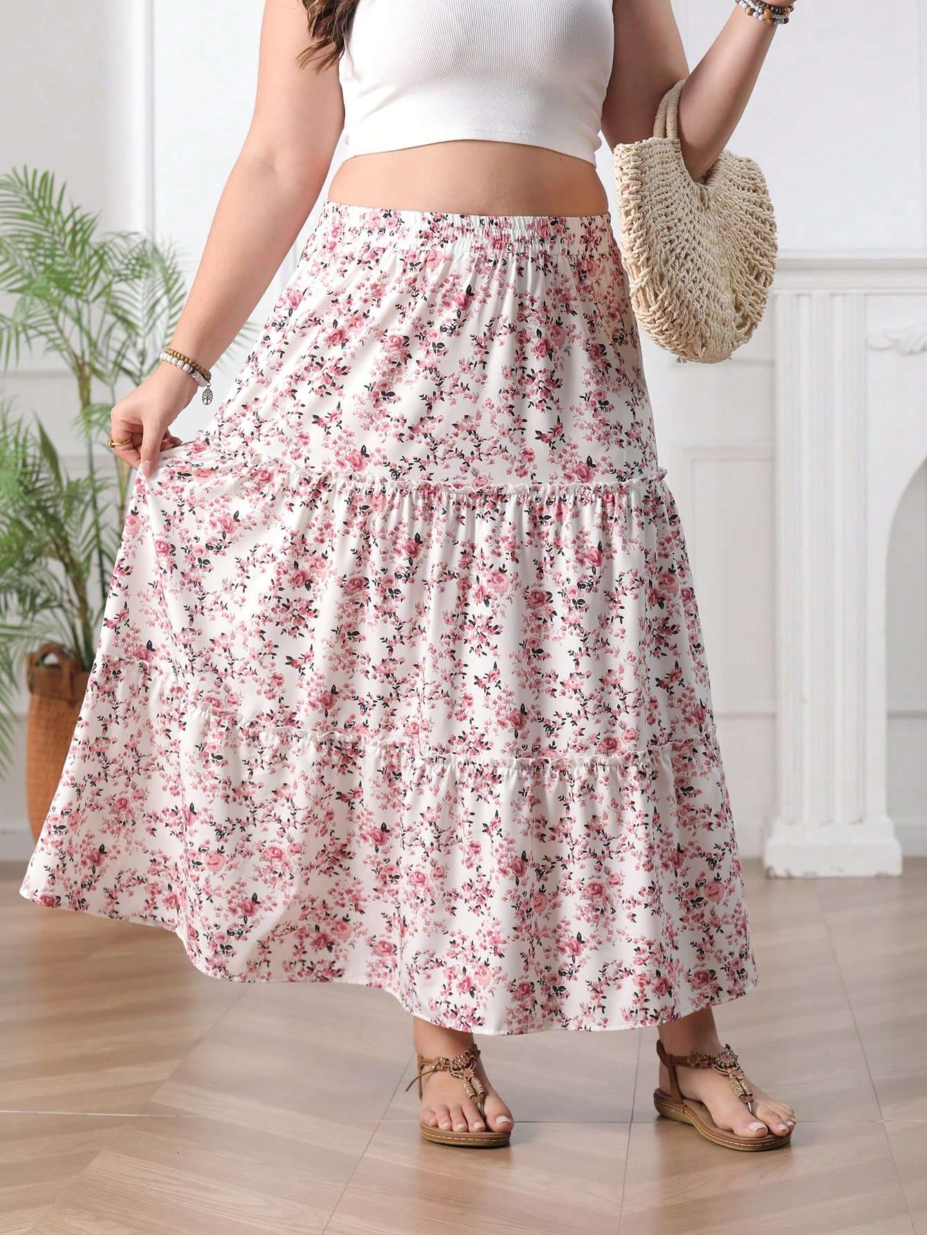 Plus size women's printed holiday style skirt spliced A-line skirt