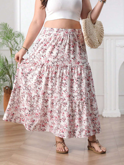 Plus size women's printed holiday style skirt spliced A-line skirt