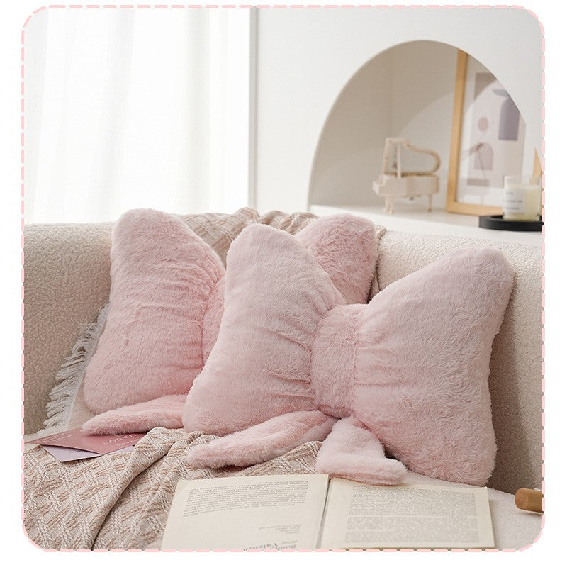 Pink bow ribbon couch pillow imitation rabbit fur comfortable car seat cushion ins style simple all-match back cushion