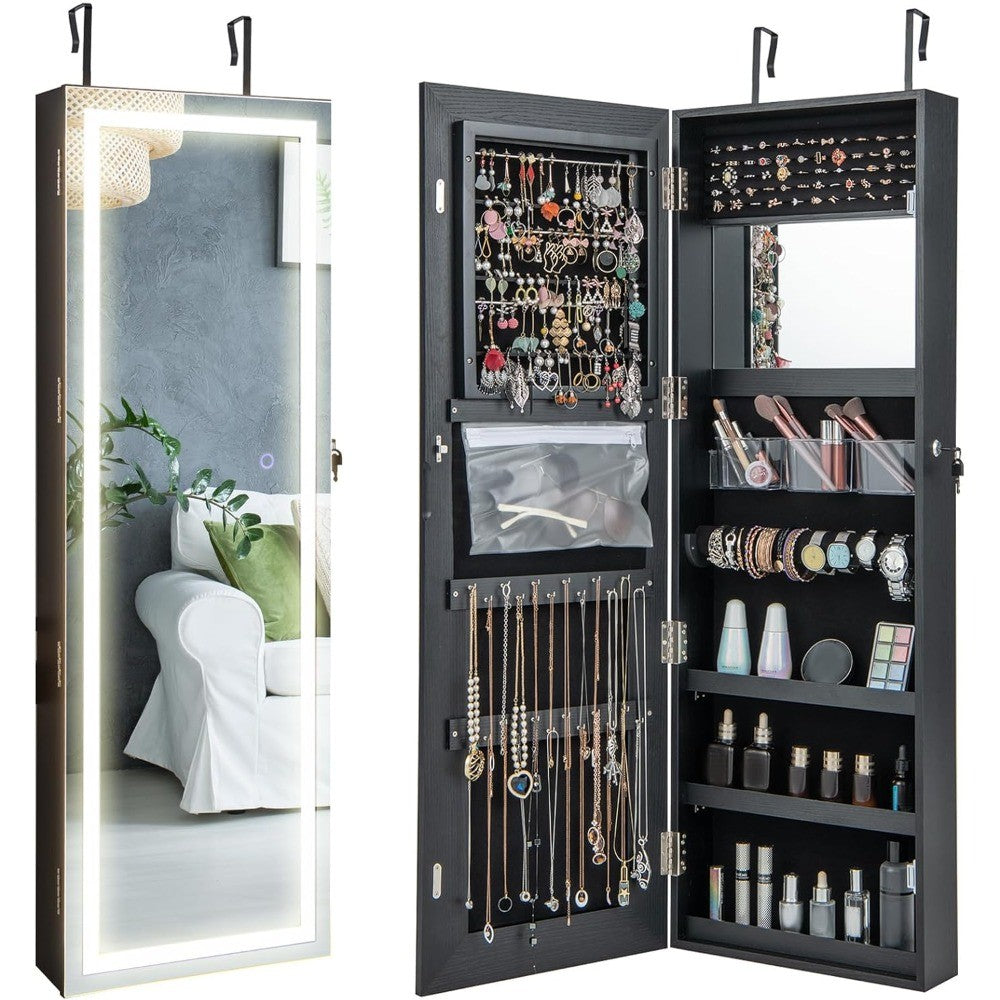 LED Mirror Jewelry Cabinet, 47.2'' Jewelry Armoire with Adjustable Lighted Full Length Mirror, Wall Mounted or Door Hanging, Lo