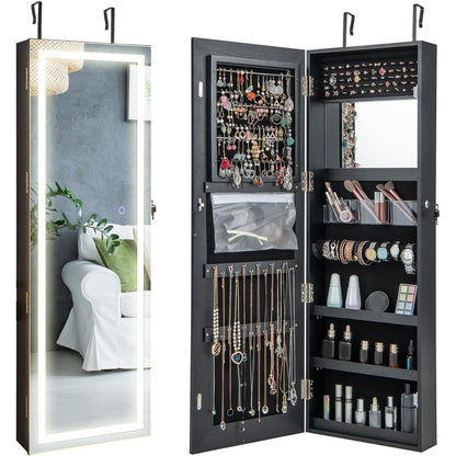 LED Mirror Jewelry Cabinet, 47.2'' Jewelry Armoire with Adjustable Lighted Full Length Mirror, Wall Mounted or Door Hanging, Lo