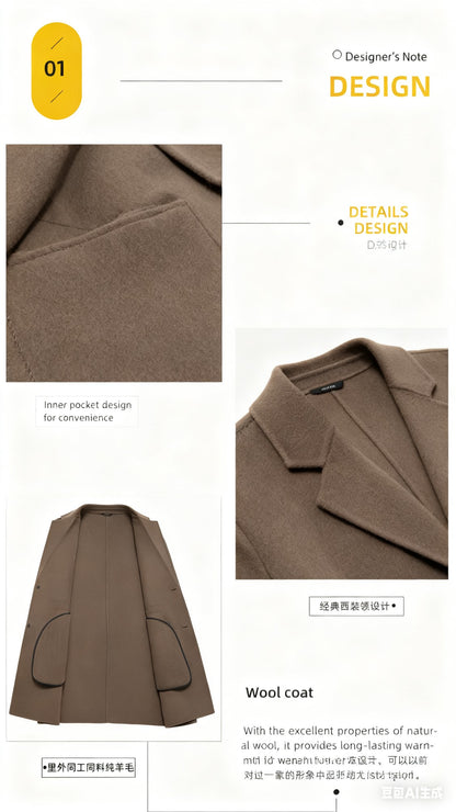 Men's 100% Wool Blend Overcoat - British-Inspired Mid-Length Trench Coat for All-Weather Smart Casual Wear