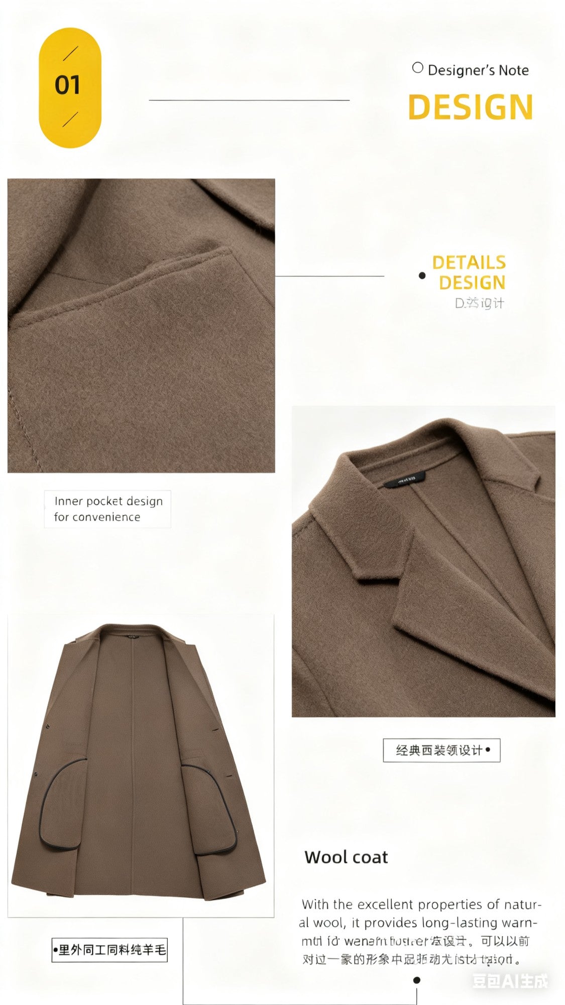 Men's 100% Wool Blend Overcoat - British-Inspired Mid-Length Trench Coat for All-Weather Smart Casual Wear