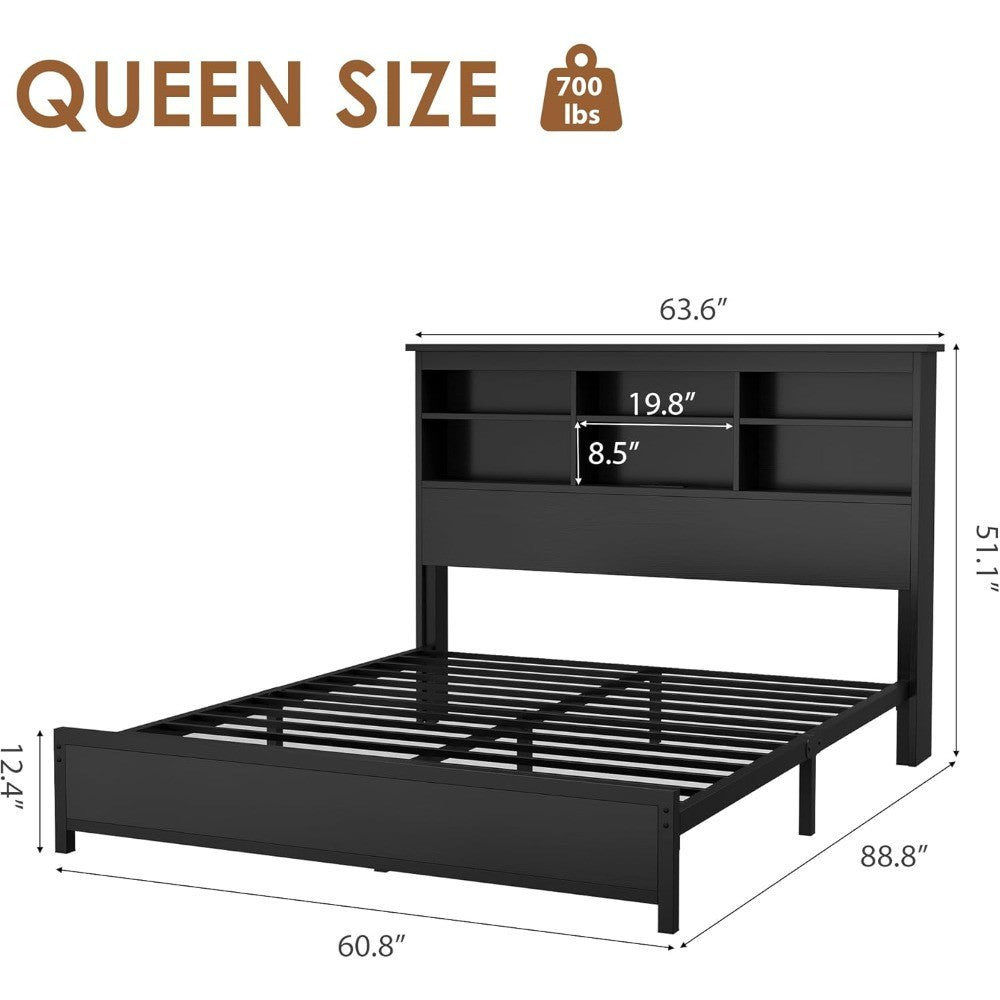 Queen Size Bed Frame with Bookcase Headboard, 2-Tier Storage Queen Platform Bed with Charging Station, No Box Spring