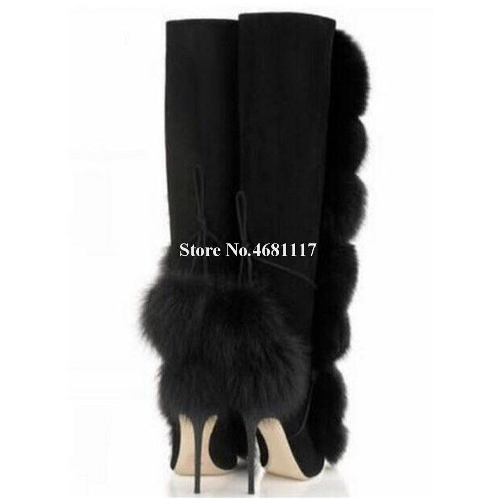 Fluff Knee High Boots Round Toe Black Suede Fur Ball Thin Heel Boots Slip On Lace Up High Heel Boots Winter Women Fashion Boots