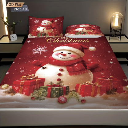 Jogo de Cama Estampado Boneco de Neve de Natal Vermelho de 3 Peças sem Chip, Vários Tamanhos, Capa de Cama Macia, Decoração para Quarto, Lavável à Máquina