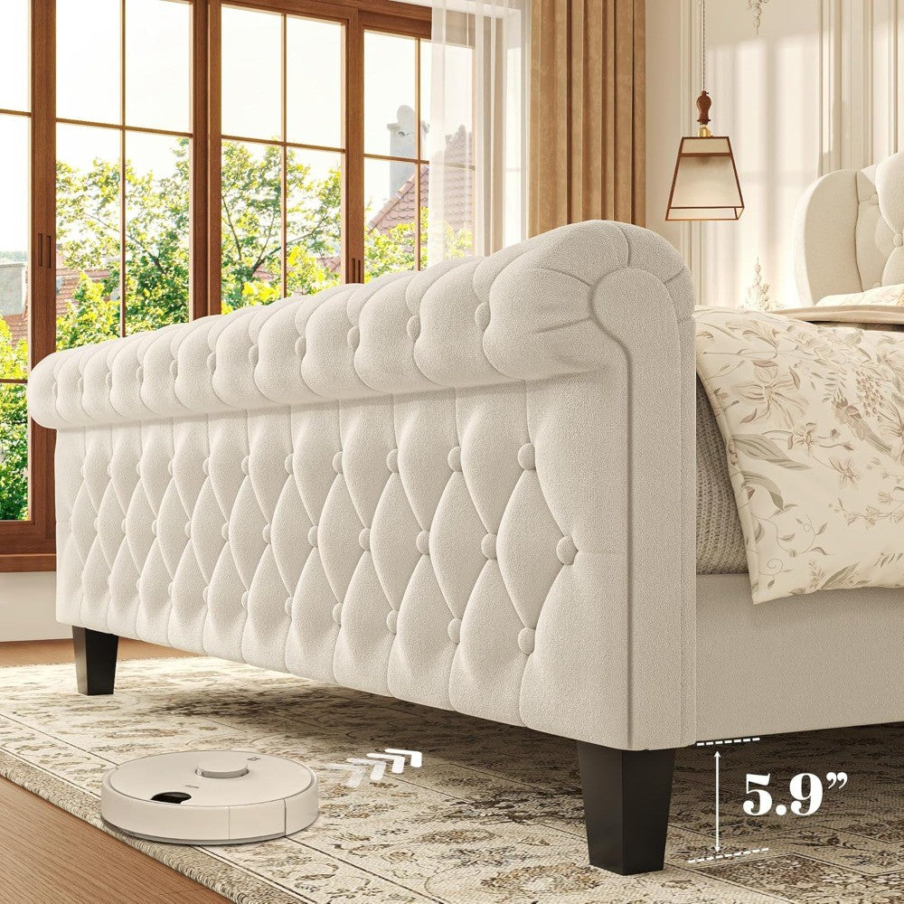 Cama Queen, Estrutura de Cama Estofada em Veludo de 99cm de Altura com Cabeceira e Peseira em Sleigh, Não Requer Box Spring,