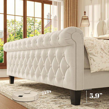 Cama Queen, Estrutura de Cama Estofada em Veludo de 99cm de Altura com Cabeceira e Peseira em Sleigh, Não Requer Box Spring,