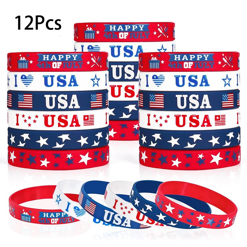 12Pcs Independence Day Theme Bracelet I Love USA Silicone Wristbands for 4th of July American National Day Birthday Party Favors