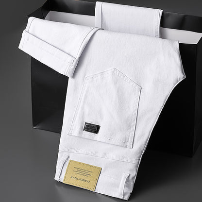 Cotton White Jeans Men's Elastic Soft Comfortable Business Casual Trousers Fashion Korean Fit Straight Spring Autumn Denim Pants