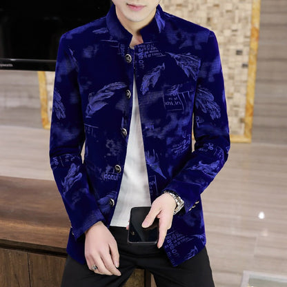 Luxury Retro Velvet Suit Jacket for Men Fashion Slim Fit Stand Collar Blazer Masculino Casual Business Wedding Dress Coat