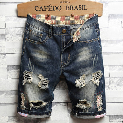 High Quality Men's Summer Holes Denim Shorts Jeans Men Straight Retro Shorts Jeans Men Knee Length Cowboy Jeans Shorts Size 40