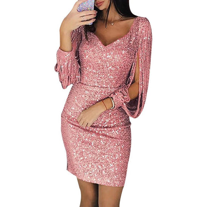 Plus Size Dresses for Women Elegant Long Sleeve Sequin Mini Dresses Sexy Ruched Bodycon Sparkly Glitter Cocktail Party Dresses
