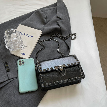 Rivet Small Shoulder Bags For Women Black Punk style Crossbody Bag Fashion Chain Flap Bag Leather Purses Designer Female Handbag