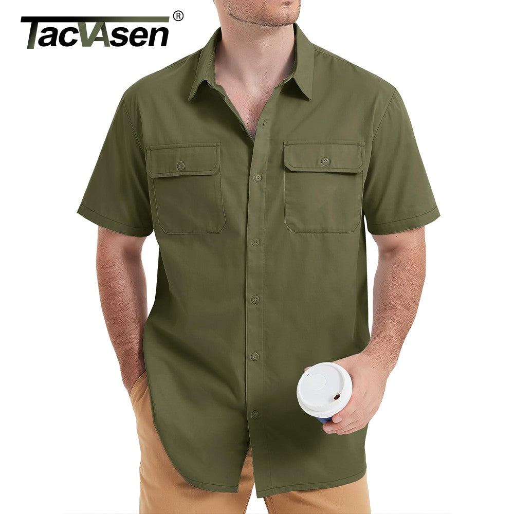 TACVASEN Quick Dry Short Sleeve Shirts Mens Casual Button Up Cargo Shirt Summer Hiking Fishing Trekking Work Shirts Outdoor Male