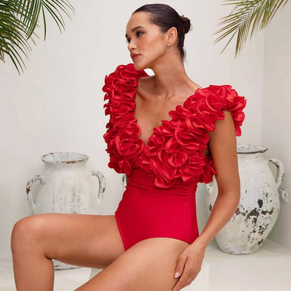 2024 Sexy Red 3D Ruffle Flower One Piece and Skirt set Swimwear beachwear Party Dress  Clearance Wholesale