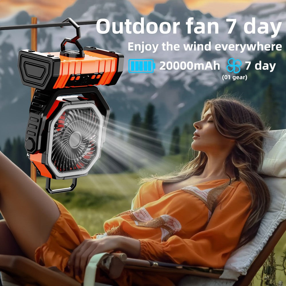 20000mAh Battery Operated Fan, Portable Rechargeable Desk/Camping Fan with LED Light and Hook, Outdoor Fan for Tent Car Trip