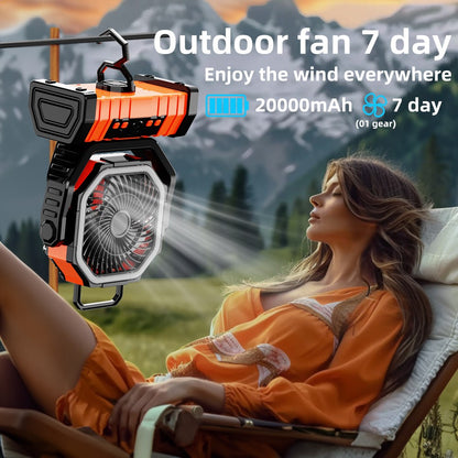 20000mAh Battery Operated Fan, Portable Rechargeable Desk/Camping Fan with LED Light and Hook, Outdoor Fan for Tent Car Trip