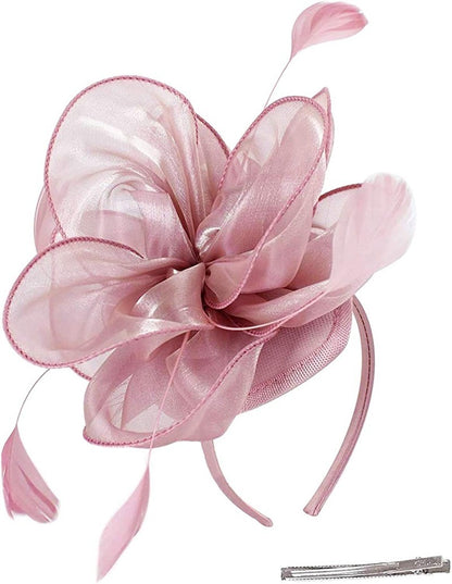 Novo Chapéu Fascinator de Organza Feminino com Flor de Pena Kentucky Derby Cocar Chapéu Pillbox para Casamento Chá da Tarde Acessórios de Cabelo com Clipe