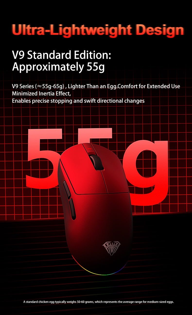 Mouse Gamer sem Fio Aula V9 Ultra E-sports Duplo 8k 3 modos PAW 3950 8k 55g Leve Ergonômico Acessório Personalizado para PC