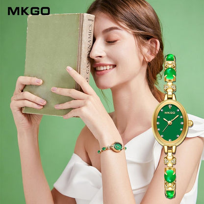MKGO Women's Fashion Bracelet Watch Luxury Quartz Ladies Watch 30M Waterproof Premium Exquisite Emerald Crystal Female Watches