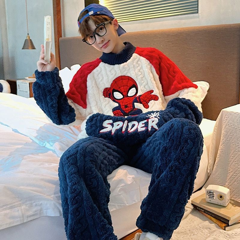Conjunto de Pijama Masculino Homewear Marvel Homem-Aranha Anime Novo Bonito Desenho Animado Criativo Padrão Simples Moda Flanela Macia Engrossada Quente