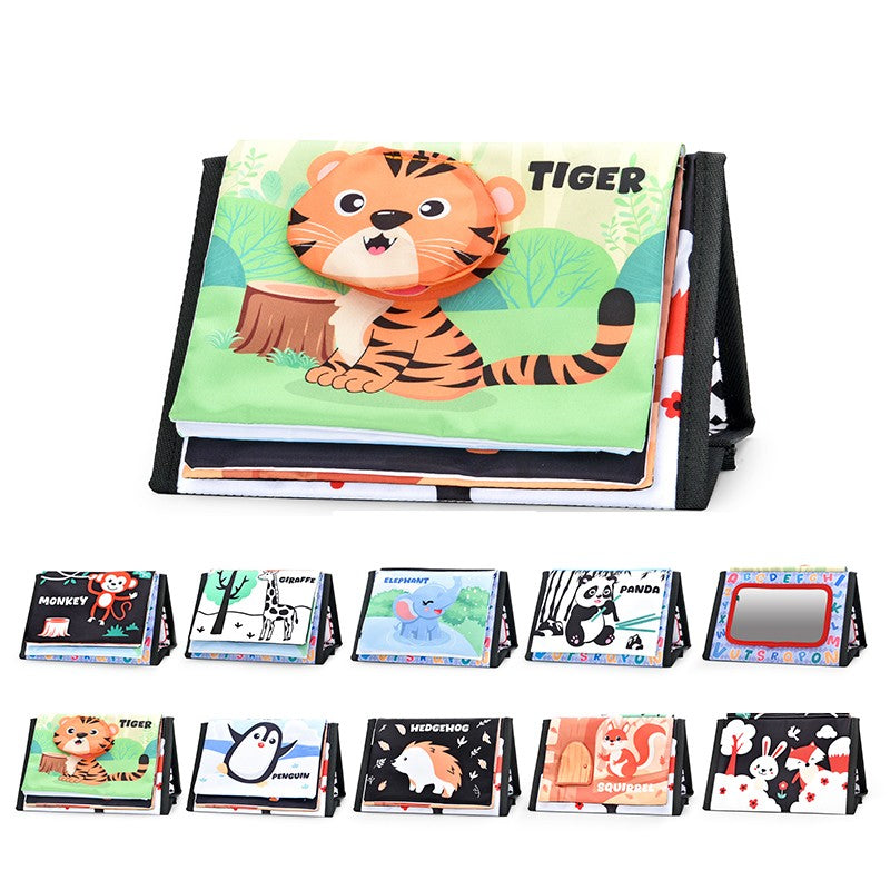 Livro de Pano Engraçado em Preto e Branco para Bebês Brinquedo Educacional Montessori para Crianças Recém-nascidos Brinquedos com Espelho para Tummy Time