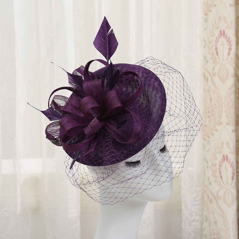 Chapéu de sol de aba grande com design de padrão de fio de cânhamo duplo, acessórios de pena, elegante chapéu de banquete, chapéu de praia para casamento ou férias, chapéu equestre