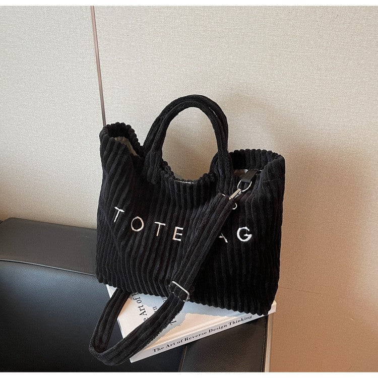 Large Capacity Striped Velvet Handbag Shoulder Bag for Woman Handbags Crossbody Bags, Versatile Letter Corduroy Women's Tote Bag
