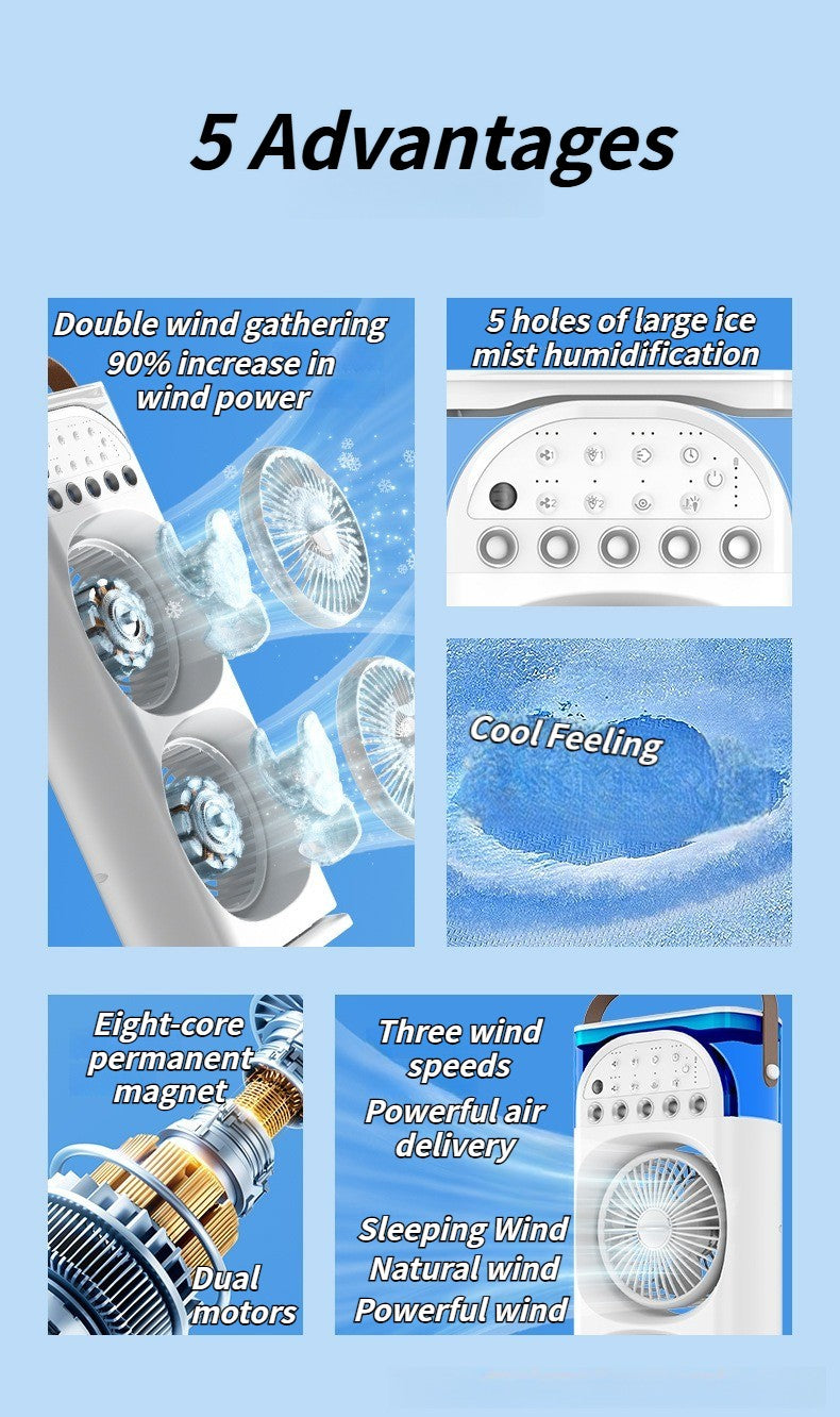 Multi-Function Mist Fan with Oscillating Air Conditioner, Aromatherapy, Colorful Lights & Timer for Home Office Use