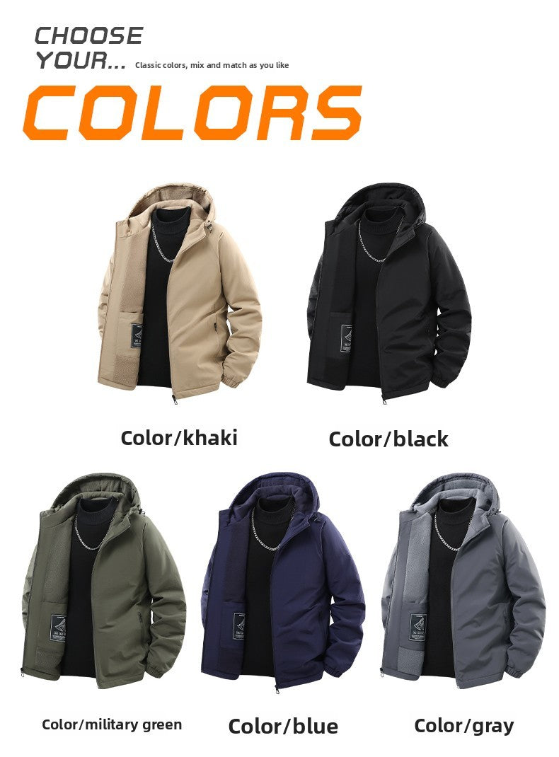 Jaqueta de Pesca Masculina Externa Capuz Larga Forro Polar Grosso Casaco Outono Inverno Jaqueta Casual Simples Versátil Casaco Acolchoado de Algodão