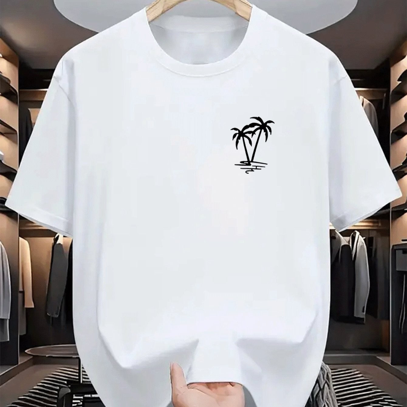 Men's summer 100% cotton fashionable casual loose coconut tree pattern printed sports round neck short sleeved T-shirt top