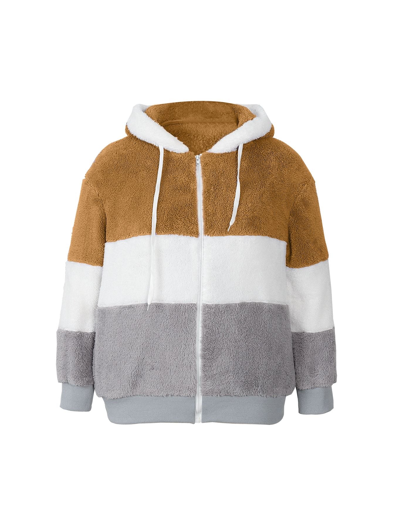 Plus Size Autumn/Winter New Arrivals Women's Autumn/Winter Drop-Shoulder Long-Sleeved Colour-Block Patchwork Fleece Hooded Jacke