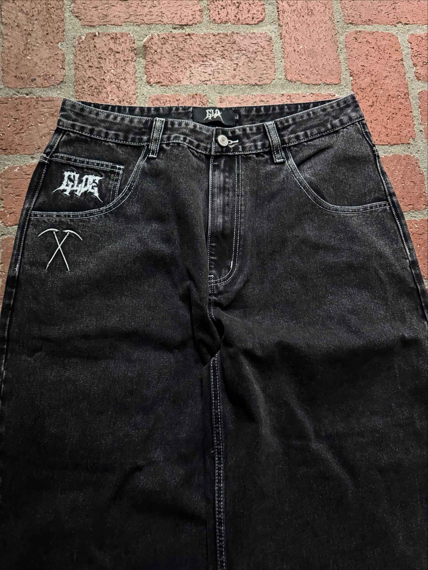 NOVOJeans Estampado Cartum Gótico Retrô Ceifador Vintage Masculino e Feminino Calça de Cintura Baixa Perna Larga Hip Hop Roupa