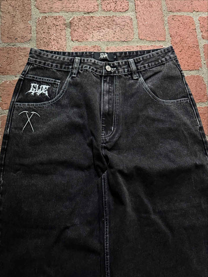 NOVOJeans Estampado Cartum Gótico Retrô Ceifador Vintage Masculino e Feminino Calça de Cintura Baixa Perna Larga Hip Hop Roupa