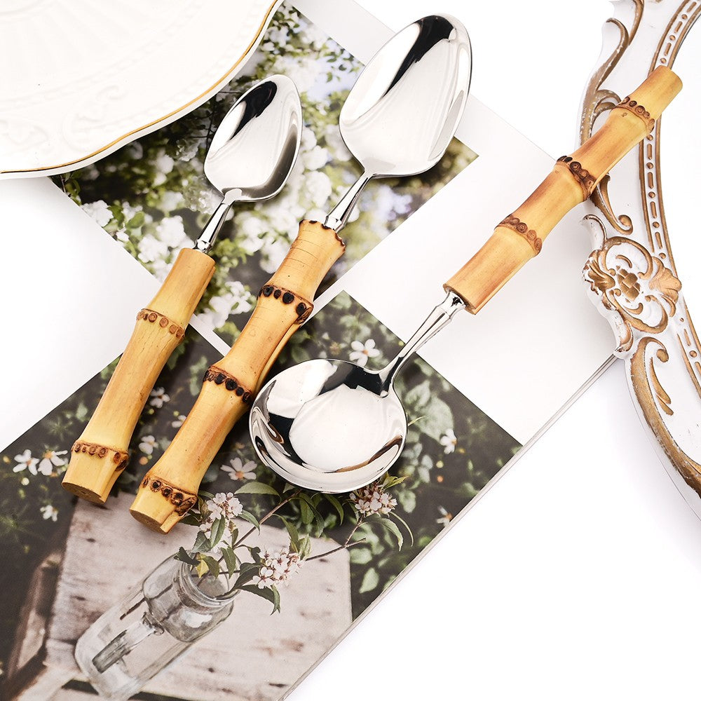 1Pç Conjunto de Talheres de Bambu Natural com Cabo de Aço Inoxidável Utensílios de Mesa Garfos de Jantar Colher Faca Talheres de Cozinha