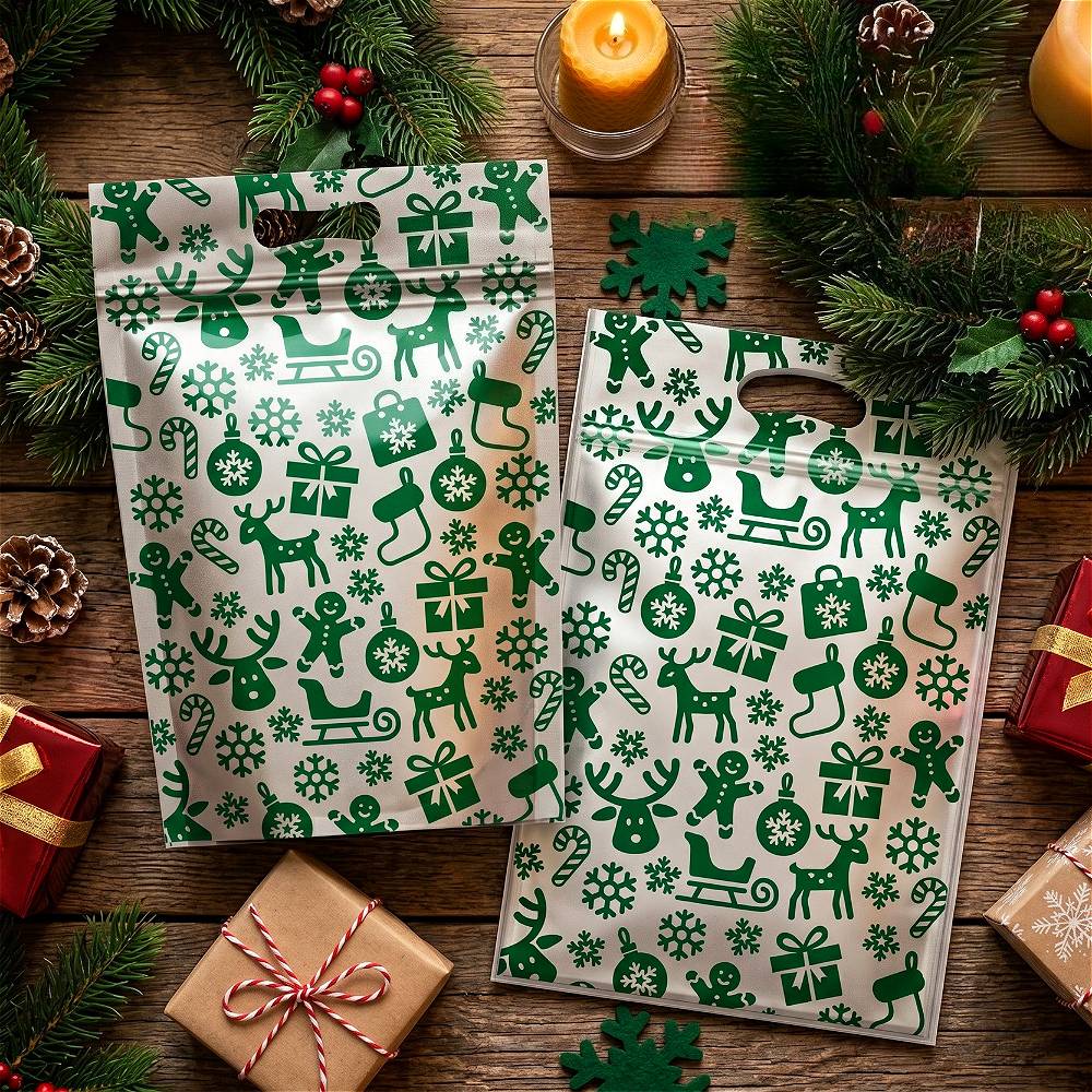 50Pcs Resealable Christmas Zip Lock Bags 50PCS Clear Christmas Plastic Sealing Bags with Handles for Xmas Holiday Party Candy