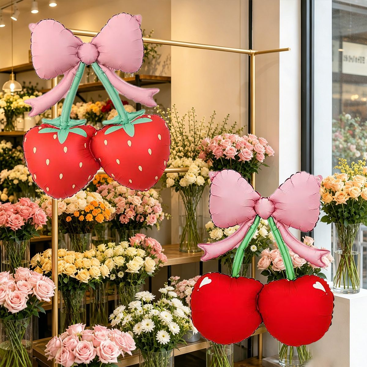 2pcs Set  Bowknot & Cherry Foil Balloons — Perfect for Birthdays, Summer Parties, Outdoor Picnics, and Cherry-Themed Events