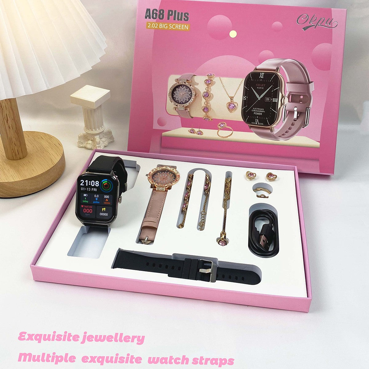 Fashion Smart Watch Gift Box Set + Diamond Quartz Watch + Necklace + Earrings + Ring + Bracelet