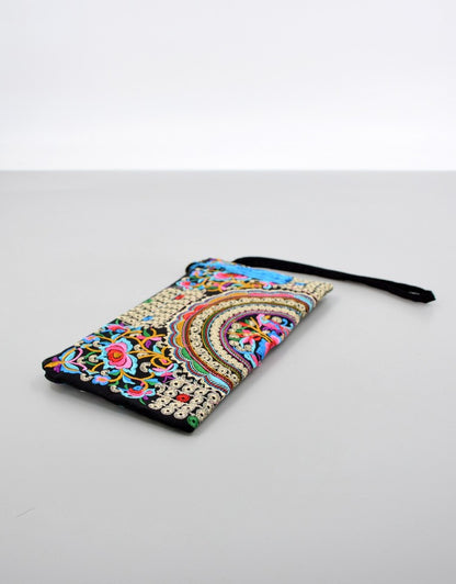 Vintage Ethnic Style Embroidered Long Wallet Wristlet Clutch Bag with Flower Fabric and Phone Pocket