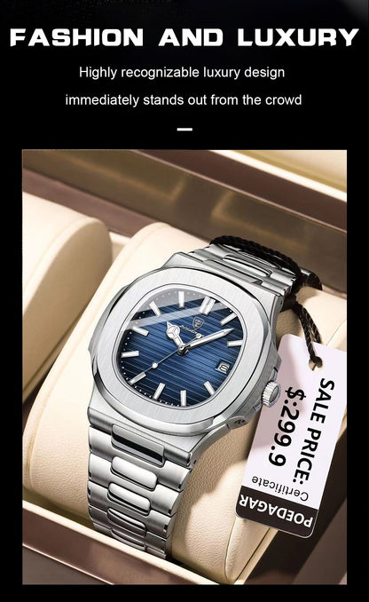 Relógio Masculino de Luxo POEDAGAR 50 ATM À Prova D'água Relógio Masculino Luminoso Data Aço Inoxidável Quadrado Quartzo Relógios Masculinos reloj hombre