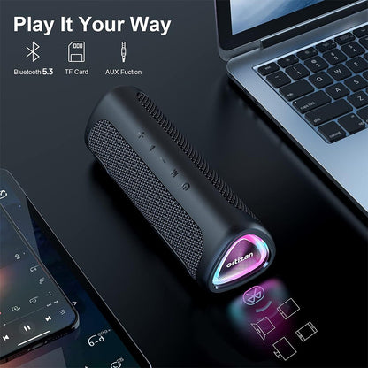 Caixa de Som Portátil Bluetooth Ortizan M7, Som Potente de 24W, Graves Ricos, À Prova d'Água IPX7, 30 Horas de Reprodução, Luzes Coloridas