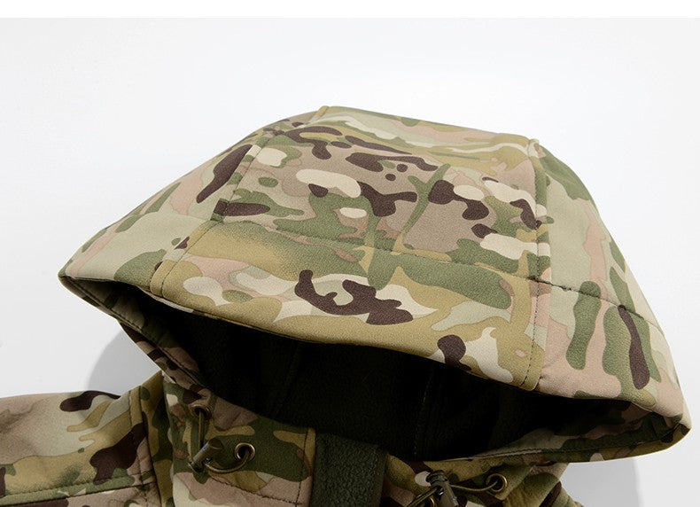 Men's Silent Soft Shell Camouflage Tactical Jacket Waterproof Warm Fleece Hunting Jackets Outdoor Hiking Fishing Hooded Coat